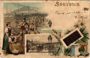 1901 Lucerne, Luzern; railway station, locomotive, Suchard chocolate. Art Nouveau, floral, litho with coat of arms (r)