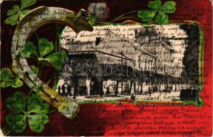 1902 Szatmárnémeti, Szatmár, Satu Mare; Igazságügyi palota. Lővy M. kiadása, szecessziós-lóherés litho keret patkóval / Palace of Justice. Art Nouveau, litho frame with clovers and horseshoe (kopott sarkak / worn corners)