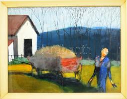 Kovács Tamás Vilmos (1951-): Szénásszekér, 1980. Olaj, farost, jelzett. üvegezett keretben 60x80 cm