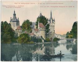 1907 Budapest XIV. M. kir. mezőgazdasági múzeum, Vajdahunyad vára. Taussig Arth. 5322. 2-részes kihajtható panorámalap + "XXV. Stiftungsfest Budapestia" (hajtásnál kicsit szakadt / slightly torn at fold)
