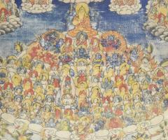 "Ezer isten" tibeti miniatűr festmény, üvegezett keretben, 12×11,5 cm