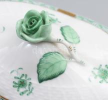 Herendi Apponyi zöld mintás fedeles kínáló, jelzett, hibátlan, 18x11 cm