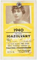 1940 Palatinus strandfürdő félárú fényképes igazolvány