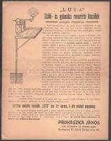cca 1910 ,,Luta" Szőlő- és gyümölcs rovarirtó készülék acetylén világítóval. Prohászka János vas, rézbutor- és fémáru-gyár reklámlap, 30x23 cm