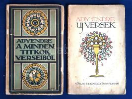 Ady Endre:  Új versek. Negyedik kiadás. Budapest, 1918. Pallas Irodalmi és Nyomdai Rt. 83 + [1] p. A lírai hagyományban korszakhatárt jelentő Ady-kötet első kiadása 1906-ban jelent meg. Negyedik kiadású kötetünket oldalszámozáson belül Nagy Sándor grafikusművész egész oldalas, szecessziós rajza díszíti. A címlapon régi tulajdonosi bejegyzés, a leveleken foltosság, példányunk fűzése enyhén meglazult. Fűzve, Falus Elek színes rajzával illusztrált, enyhén sérült gerincű, kissé foltos kiadói borítóban. Hozzá tartozik: -- Ady Endre:  A Minden Titkok versei. Második kiadás. Budapest, 1918. Pallas Irodalmi és Nyomdai Rt. 107 + [1] p. A költő verseskötete először 1910-ben jelent meg. A címlapon régi tulajdonosi bejegyzés. Az oldalakon kisebb foltosság. Fűzve, Falus Elek színes rajzával illusztrált, enyhén sérült gerincű, kissé foltos kiadói borítóban.