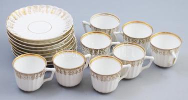 cca 1880, 8 személyes vékonyporcelán mokkáscsésze alátéttel szett, kopással, részben dátumozott darabok, 1-1 minimális pattogzással, d: 11,5 cm
