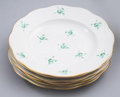 Herendi 6 darabos zöld rózsamintás süteményes tányér készlet, klf jelzéssel,de megegyező kivitelben, jelzett, kopással, d: 18,5 cm