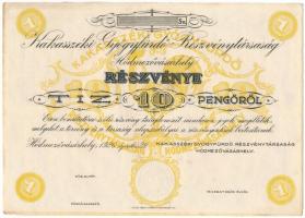 Hódmezővásárhely 1926. "Kakasszéki Gyógyfürdő Részvénytársaság Hódmezővásárhely" részvénye 10P-ről, szárazpecséttel, kiadatlan értékpapír sorszám és aláírások nélkül, teljes szelvényívvel T:AU,XF