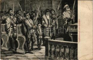 Laubhüttenfest Lulef-Benschen / Zsidó Sukkot ünnep, hátoldalán Wágner hangszeráruháza reklámja, Judaika. K.I.W.II. / Jewish Sukkot art postcard, with Hungarian advertisement on the backside, Judaica (EB)