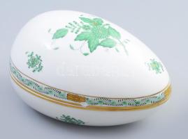 Herendi Apponyi zöld mintás tojás alakú bonbonier, jelzett, sérült, h: 16,5 cm