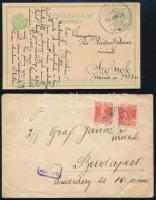 1914-1919 2 db kétnyelvű díjjegyes levelezőlap + 1 db cenzúrázott levél + 16 db Kisegítő portó bélyeg