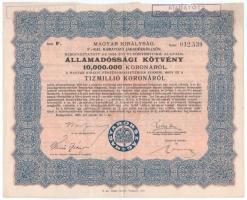 Budapest 1925. "Magyar Királyság 5%-kal kamatozó járadékkölcsön" államadóssági kötvény 10.000.000K-ról, bélyegzésekkel T:F