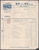 1940 Spitz Gyula faáruk, építőszerszámok és műszaki cikkek kereskedése fejléces számlája, Bp., 2 f okmánybélyeggel, a szélén két lyukkal.