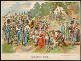 cca 1900 Az ellenség tábora, egykorú eredeti jelmezek után festette: Kiss L., 1848-49-es témájú színes litográfia, 18x25 cm