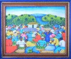 Jean Mare Cayo Dieunet (1958-), haiti festő: Kókuszpiac. Akril, vászon. Jelzett, keretben 40x50 cm