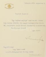 1933 vitéz Keresztes-Fischer Ferenc (1881-1948) belügyminiszter, politikus aláírása gépelt levélen, fejléces papíron, benne üdvözlő soraival Bizáki Puky Endre (1871-1941) író, politikus, a M. Kir. Közigazgatási Bíróság elnöke, korábban a Gömbös-kormány külügyminisztere részére, 1933. aug .2.