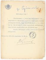 1913 verőczei gróf Pejácsevich Tivadar Mária (1855-1928), Horvát-Szlavon-Dalmátország bánja horvát politikus, horvát-szlavón-dalmát miniszter aláírása fejléces papíron, 1913. szept. 29., foltos. / 1913 Signature of Teodor Pejacevic (1855-1928) the minister without portfolio of Croatian Affairs.
