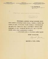 1943 dr. Bernát Gyula (1896-1991) a Darányi Ignác Agrártudományos Társaság titkárának aláírása egy jutalomdíjról értesítő levélen, a társaság fejléces papírján, hajtott.