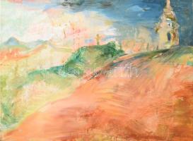 Oravecz Viktória (1969-): Színes táj (cím nélkül). Olaj, vászon. Jelezve jobbra lent. 70x95 cm