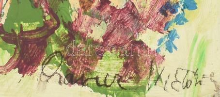 Oravecz Viktória (1969-): Kertben (cím nélkül). Olaj, farost. Jelezve jobbra lent. Bal szélén felüle...