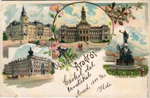 1899 (Vorläufer) Arad, 13 Vértanú szobra, Városház tér, Városháza, lóvasút. Kerpel Izsó kiadása / Martyrs' monument, town hall, horse-drawn tram. Art Nouveau, floral, litho (vágott / cut)
