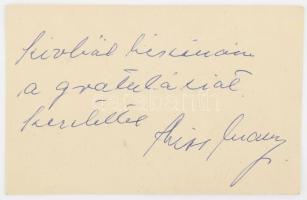 Kiss Manyi (1911-1971) Kossuth- és Jászai Mari-díjas színésznő autográf dedikációja köszönő kártyán