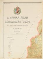A Magyar Állam közigazgatási térképe. Mérték: 1 : 400.000. (Bp.), 1914, M. kir. Államnyomda. 8 színes litografált térképszelvény. A szabad felületeken pénzügyi, törvénykezési és közigazgatási táblázatokkal. ... Az Államnyomda egyik legelső jelentős kartográfiai alkotásának, az első hivatalos közigazgatási térképünknek harmadik, utolsó kiadása. Először 1884-ben, másodszor 1900-ban jelent meg.Teljes mérete: 240x180 cm. Hatalmas térkép. Egy szelvény erősen szakadt, a többin kisebb beszakadásokkal, kisebb foltokkal.