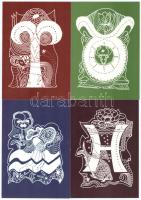 12 db MODERN magyar művészet képeslap: horoszkóp, teljes sorozat / 12 modern Hungarian art postcards: horoscope, complete series s: Jakobi Anna