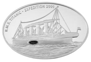 Libéria 2005. 10$ Ag "Titanic Expedíció 2000" belefoglalt, a roncsból származó eredeti szénnel, kapszulában, tanúsítvánnyal (25g/0.925/30x45mm) T:PP / Liberia 2005. 10 Dollars Ag "Titanic Expedition 2000" with original coal from the wreck, in capsule with certificate (25g/0.925/30x45mm) C:PP Krause KM#1019