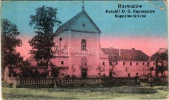 1915 Rozwadów, Kosciól O.O. Kapucynów / Kapuzinerkirche, Feldpost / church + "K.u.k. Bahnhofkommando Rozwadow" + "K.u.k. Militärzensur Tarnow" (EB)