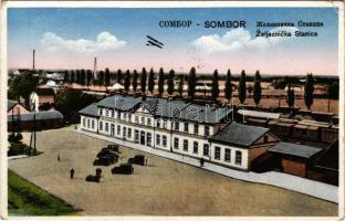 1941 Zombor, Sombor; Zeljeznicka Stanica. Andrija Rangl / Bahnhof / vasútállomás, automobil, vonat, repülőgép / railway station, automobiles, train, airplane + "1941 Zombor visszatért" So. Stpl (EK)