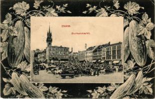 1912 Znojmo, Znaim; Gurkenmarkt / pickle market, town hall, shops. Montage frame with cucumbers (Rb)