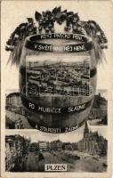 1947 Plzen, Pilsen; Kdyz pivecko pení, v svete nad nej není, po hubicce sládne a starosti zádné / brewery, beer factory, main square and market. Montage with beer barrel (EB)