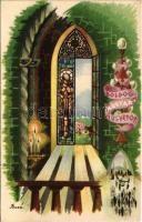 Boldog Magyar Húsvétot! / Hungarian Easter greeting art postcard, irredenta propaganda s: Bozó (EK)