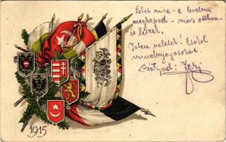 1916 Első világháborús tábori postai levelezőlap a Központi Hatalmak zászlóival és címereivel. Karácsony a harctéren 1915. A Hadsegélyező Hivatal és Szénásy Béla kiadása / WWI German and Austro-Hungarian K.u.K. military art postcard, Central Powers propaganda with flags and coat of arms. litho (EB)