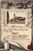 Humpolec, Gumpolds, Humpoletz; Cást námestí s kostelem / main square and church. Frantisek Hula, Art Nouveau montage with men drinking beer, barrels (EK)