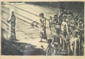 Kondor Béla és RKJ (?) jelzéssel: Krisztus követői. Rézkarc, papír. Üvegezett, kopott fakeretben. 23...