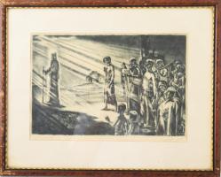 Kondor Béla és RKJ (?) jelzéssel: Krisztus követői. Rézkarc, papír. Üvegezett, kopott fakeretben. 23...