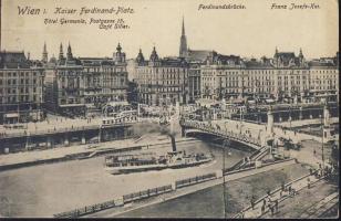 Vienna, Wien I. Kaiser Ferdinand-Platz, Hotel Germania, Cafe Siller, Ferdinandbrücke, Franz Josefs Kai / square, hotel, cafe, bridge, quay, steamship (fl)