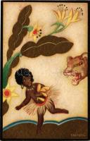 Black child with bananas and tiger. Ballerini &amp; Fratini (Firenze) s: Chiostri (gyűrődés / crease)