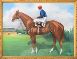 Nándori jelzéssel: Versenyló lovassal. Pasztell, papír. Üvegezett fakeretben. 38,5x52 cm.
