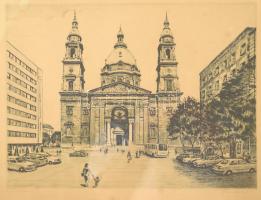 Jurida Károly (1935-2009): Bazilika. Rézkarc, papír, jelzett. Kissé foltos. Üvegezett fakeretben. 29×39 cm