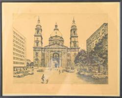 Jurida Károly (1935-2009): Bazilika. Rézkarc, papír, jelzett. Kissé foltos. Üvegezett fakeretben. 29...