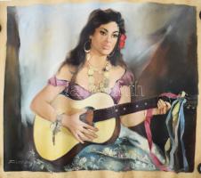 Füzesi Lajos (1931-2005): Lány gitárral. Olaj, vászon, jelzett. Feltekerve. Vakráma nélkül. 69×81 cm