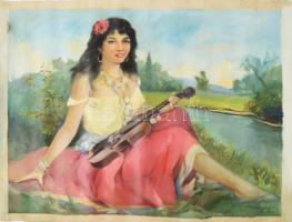 Füzesi Lajos (1931-2005): Lány hegedűvel a vízparton. Olaj, vászon, jelzett. Feltekerve. Vakráma nélkül. 68×83 cm