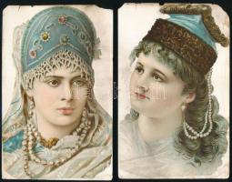 cca 1900 Női portrék, 2 db dombornyomott, színes litho kép, kissé foltos, sérült lapszélekkel, 16,5x10,5 cm