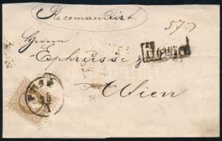 15kr hiányos ajánlott levélen "PEST", 15kr on registered cover "PEST"