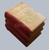 May Károly: Winnetou I-III. köt. Ford.: Kosáryné Réz Lola. Fáy Dezső rajzaival. Bp., 1943, Athenaeum, 612+1 p+ 6 t.; 570 p.+ 6t.; 636+1 p.+6 t. Kiadói félvászon-kötések, kopott borítókkal, sérült gerincekkel és kötésekkel, kijáró lapokkal, a táblák egy része sérült, a III. kötet elülső táblája elvált a könyvtesttől, néhány lap szélén szöveget nem érintő sérüléssel. Rossz állapotban, restaurálásra szorul.