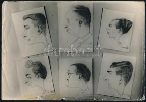 cca 1950-1960 A ,,nagy Mesternek"! Hálás tanítványai: Deák István, Váli(?) Ede, Kemény Ferenc (stb.), karikatúrákat ábrázoló fotó, hátoldalán kézzel írt aláírásokkal, valamint gépelt verssel, a fotó szélén sérülésekkel, 17x24,5 cm