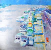 Gulyás Dénes (1927-2003): Budapesti Dunapart hajókkal. Olaj, farost, jelzés nélkül. Apró felületi sérülésekkel. 100x100 cm